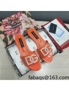 Dolce & Gabbana Patent Leather Crystal DG Flat Slide Sandals Orange 2022