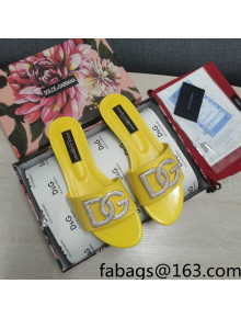 Dolce & Gabbana Patent Leather Crystal DG Flat Slide Sandals Yellow 2022