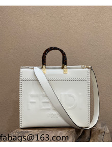 Fendi Sunshine Medium Shopper Tote Bag with Braided Trim White 2022 8535