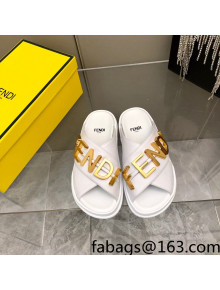 Fendi Fendigraphy Leather Lettering Flat Slide Sandals White 2022 032237