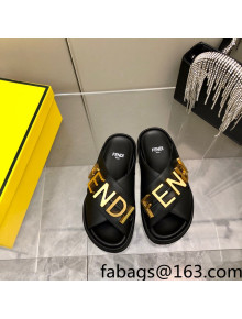 Fendi Fendigraphy Leather Lettering Flat Slide Sandals Black 2022 032238