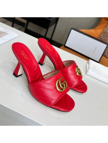 Gucci Diagonal Leather Medium Heel Slide Sandals with Double G Red 2022 