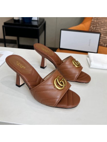 Gucci Diagonal Leather Medium Heel Slide Sandals with Double G Brown 2022 