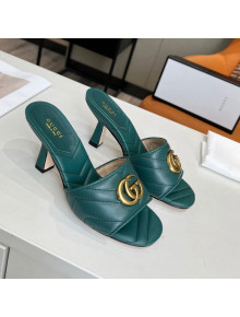 Gucci Diagonal Leather Medium Heel Slide Sandals with Double G Green 2022 