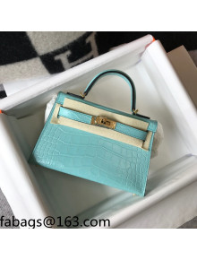 Hermes Kelly Mini Bag 19cm in Crocodile Embossed Calf Leather Macaron Blue/Gold 2021 