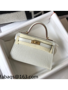 Hermes Kelly Mini Bag 19cm in Crocodile Embossed Calf Leather Cream White/Gold 2021 