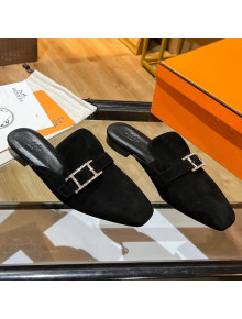 Hermes Suede Buckle Flat Slide Sandals Black 2022 14