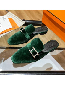 Hermes Velvet Buckle Flat Slide Sandals Green 2022 16