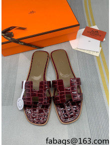 Hermes Oran Stone Embossed Leather Flat Slide Sandals Burgundy 2022 05