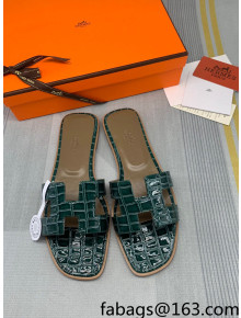 Hermes Oran Stone Embossed Leather Flat Slide Sandals Dark Green 2022 07