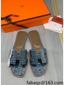 Hermes Oran Stone Embossed Leather Flat Slide Sandals Light Grey 2022 08