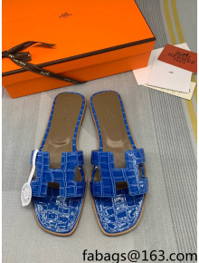 Hermes Oran Stone Embossed Leather Flat Slide Sandals Blue 2022 10