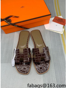 Hermes Oran Stone Embossed Leather Flat Slide Sandals Coffee Brown 2022 13