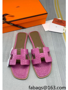 Hermes Oran Crocodile Embossed Leather Flat Slide Sandals Pink 2022 01