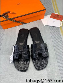 Hermes Oran Crocodile Embossed Leather Flat Slide Sandals Black 2022 08