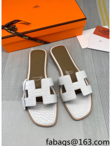 Hermes Oran Crocodile Embossed Leather Flat Slide Sandals White 2022 09