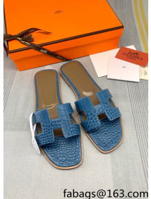 Hermes Oran Crocodile Embossed Leather Flat Slide Sandals Blue 2022 11