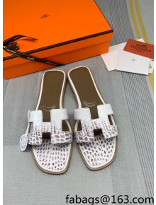 Hermes Oran Crocodile Embossed Leather Flat Slide Sandals White/Grey 2022 13