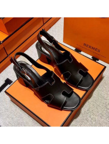 Hermes Elbe Calfskin H Medium Heel Sandal 6cm Black 2022