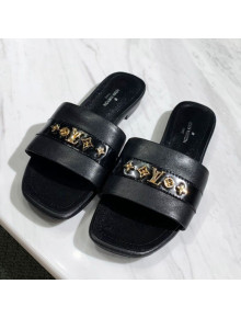 Louis Vuitton Revival Calfskin Monogram Studs Flat Slide Sandals Black 2021