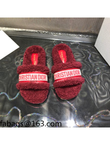 Dior Dway Flat Slide Sandals in Dark Red Embroidered Cotton and Shearling 2021