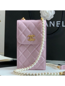 Chanel Calfskin Phone Holder Clutch Bag with Pearl Chain Light Pink 2021