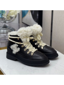 Chanel Calfskin Wool Lace-up Flat Short Boots G35376 Black 2020