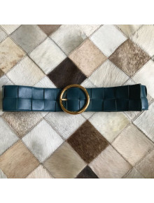 Bottega Veneta Woven Lambskin Belt 60mm with Circle Buckle Petrol Blue 2019