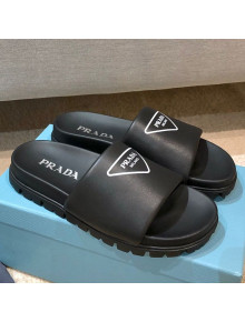 Prada Leather Flat Slide Sandals Black 2021