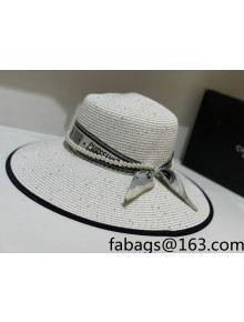 Dior Staw Wide Brim Hat with Pearl and Silk Band White 2021