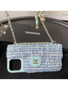 Chanel Tweed Classic Case for iPhone XII Pro Max with Chain AP2082 Blue 2021