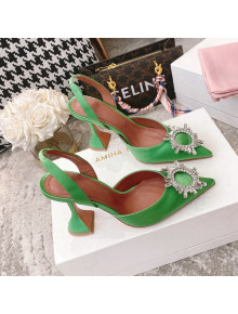 Amina Muaddi Silk Crystal Circle Slingback Pumps 9.5cm Grass Green 2021