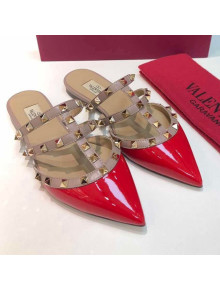 Valentino Rockstud Patent Leather Flat Mules Red 2021