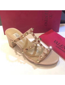 Valentino Rockstud Triple Leather Heeled Slide Sandals 6.5cm Nude 2021