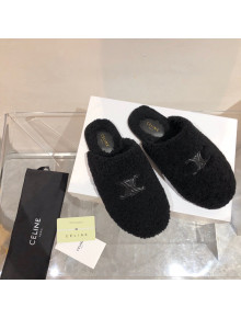 Celine Triomphe Shearling Flat Slide Sandals Black 2021