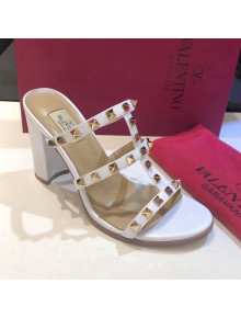 Valentino Rockstud Triple Leather Heeled Slide Sandals 9.5cm White 2021