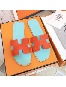 Hermes Oran Suede Flat Slide Sandals Orange/Blue 2021 13