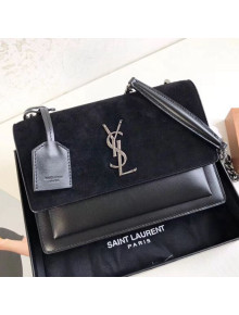 Saint Laurent Sunset Medium Shoulder Bag in Suede & Smooth Leather Black 442906 2019