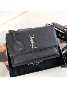 Saint Laurent Sunset Medium Fabric Shoulder Bag in Grained Leather Black 442906 2019