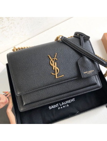 Saint Laurent Sunset Medium Shoulder Bag in Grained Leather Black/Gold 442906 2019