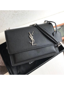 Saint Laurent Sunset Medium Shoulder Bag in Grained Leather Black/Silver 442906 2019