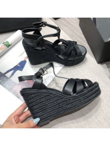 Saint Laurent Lambskin Espadrille Platform Sandals Black 2020