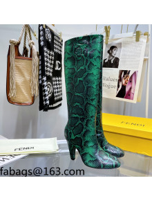 Fendi Karligraphy High Heel Boots 8cm in Green Python-Like Leather 2021 