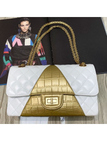 Chanel Quilted Lambskin and Crocodile Embossed Calfskin Medium 2.55 Flap Bag A37586 White 2019