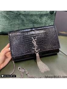 Saint Laurent Kate Medium with Tassel in Embossed Crocodile Leather 354119 Black/Silver 2021 TOP