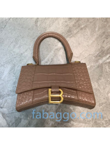 Balenciaga Hourglass Mini Top Handle Bag in Shiny Crocodile Embossed Leather Nude/Gold 2020