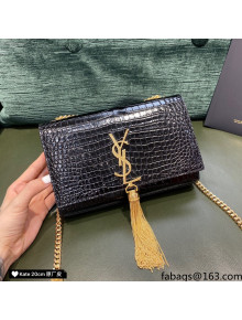 Saint Laurent Kate Small Chain and Tassel Bag in Crocodile Embossed Leather 474366 Black/Gold 2021 TOP