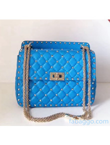 Valentino Medium Rockstud Spike Handle Shoulder Bag in Lambskin Leather Blue 2020