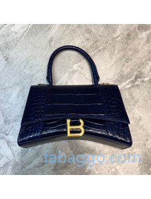 Balenciaga Hourglass Small Top Handle Bag in Shiny Crocodile Embossed Leather Navy Blue/Gold 2020