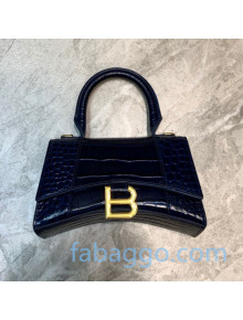 Balenciaga Hourglass Mini Top Handle Bag in Shiny Crocodile Embossed Leather Navy Blue/Gold 2020